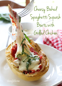 Cheesy-Baked-Spaghetti-Squash-Boats-with-Grilled-Chicken by Gina Homolka from SkinnyTaste - used with permission